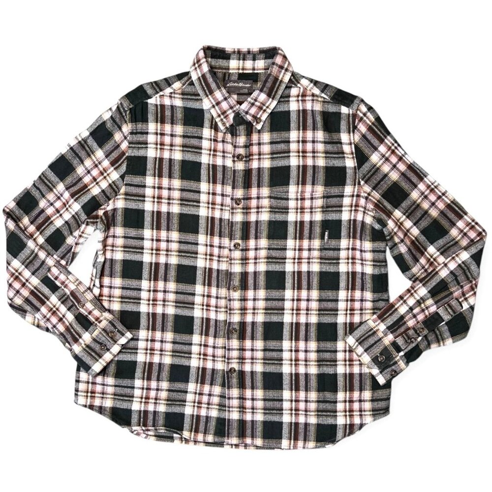 Eddie Bauer Plaid Flannel Shirt Green Brown Cream Button Down Men’s Large
